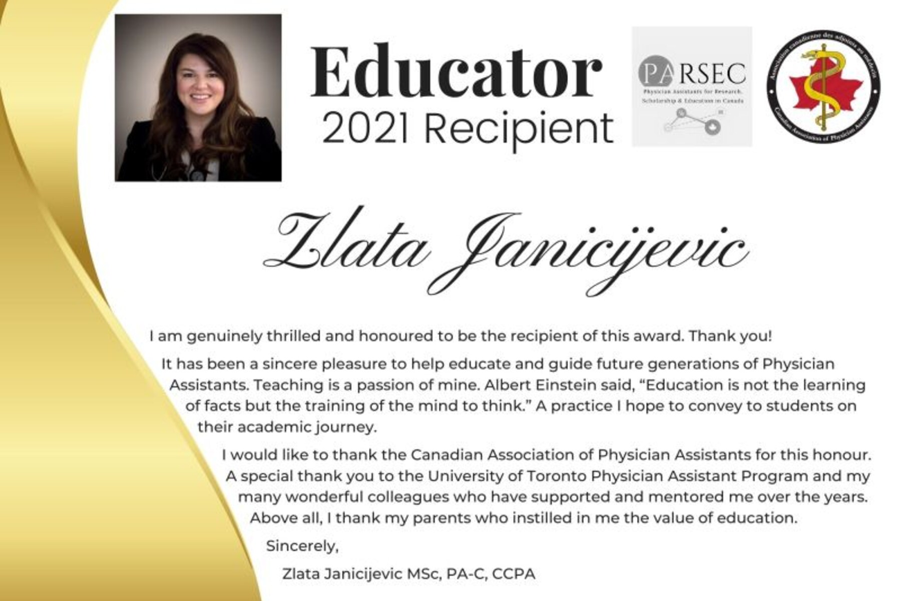 Zlata Janicyevic 2021 Educator of the Year