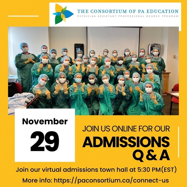 PA Program Admissions Q&A Advertisement for November 29, 2023 at 5:30 PM (EST).